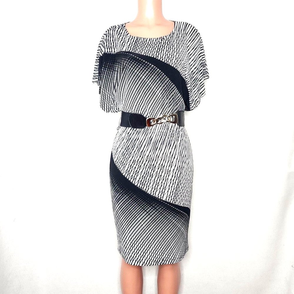 Frank Lyman Design Black White Geometric Dress Belted Elastic Waist